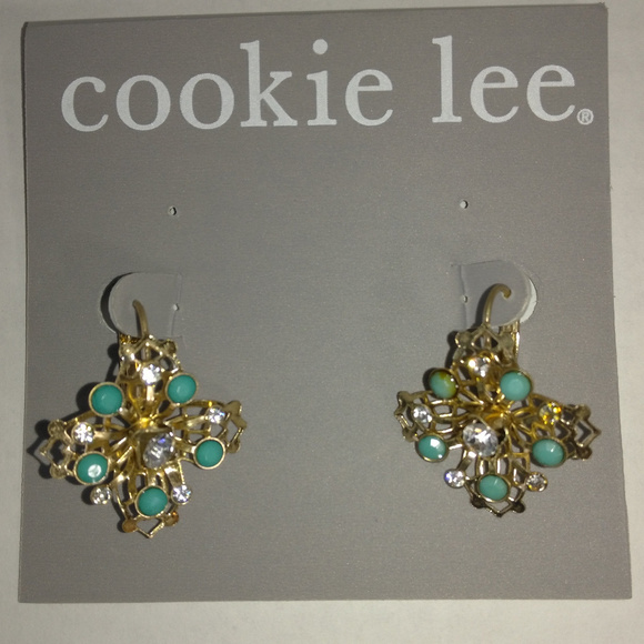 Turquoise Color and Clear Crystal Earrings - Picture 1 of 4